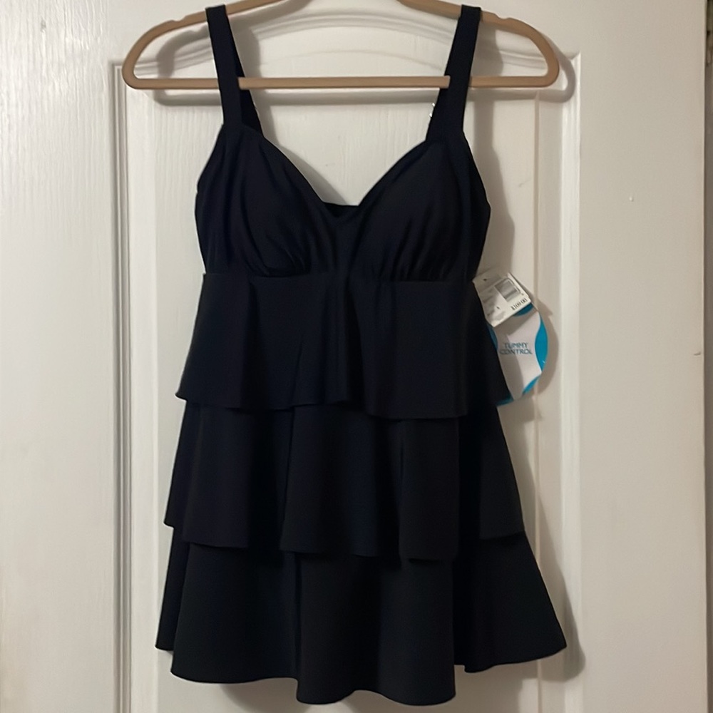 Swim Solutions Swimsuit V Neck Tiered Ruffle Swimdress - Picture 13 of 13